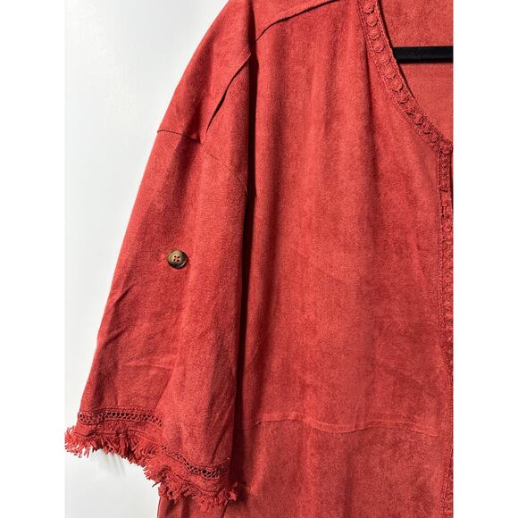 Davi & Dani Faux Suede Kimono Cardigan Boho Fringe Crochet Lace Rust NEW Size L - Picture 7 of 15